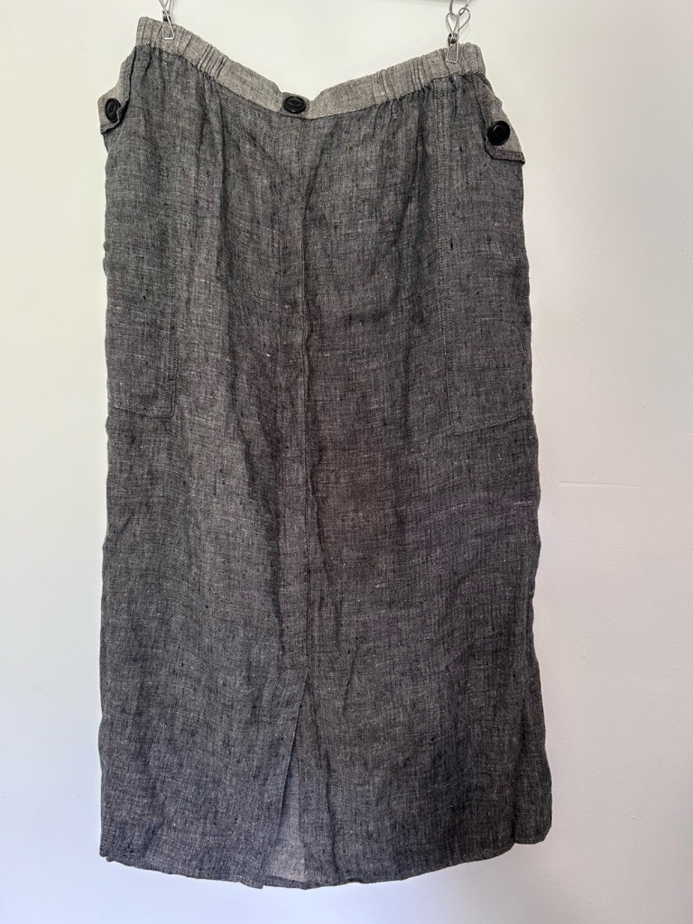 Vtg Jeanne Englehart Flax Charcoal Gray Linen Midi Skirt with Button pockets